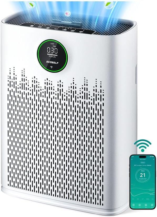 ECOSELF Smart Air Purifier for Home Large Rooms, with WiFi Control, Covers Up to 2400 Ft, Smart Mode, AQI Display, 22dB Sleep Mode & Aromatherapy with 2X-Power Filtration, HAP603WF, Bright White