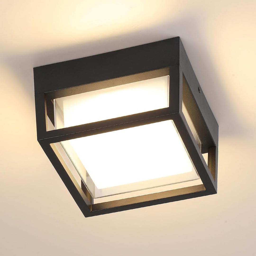 Outdoor Ceiling Porch Light LED Flush Mount for Wall or Ceiling, Square Exterior Wall Light for Patio Balcony Terrace, 3000K Warm Light, 125w of Light, Black, Wet Location