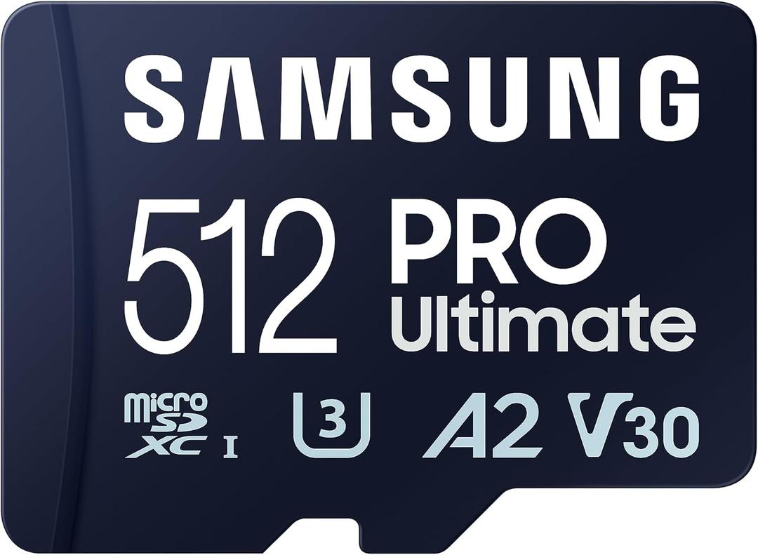 SAMSUNG PRO Ultimate microSD Memory Card + Adapter, 512GB microSDXC, Up to 200 MB/s, 4K UHD, UHS-I, Class 10, U3,V30, A2 for GoPRO Action Cam, DJI Drone, Gaming, Phones, Tablets, MB-MY512SA/AM