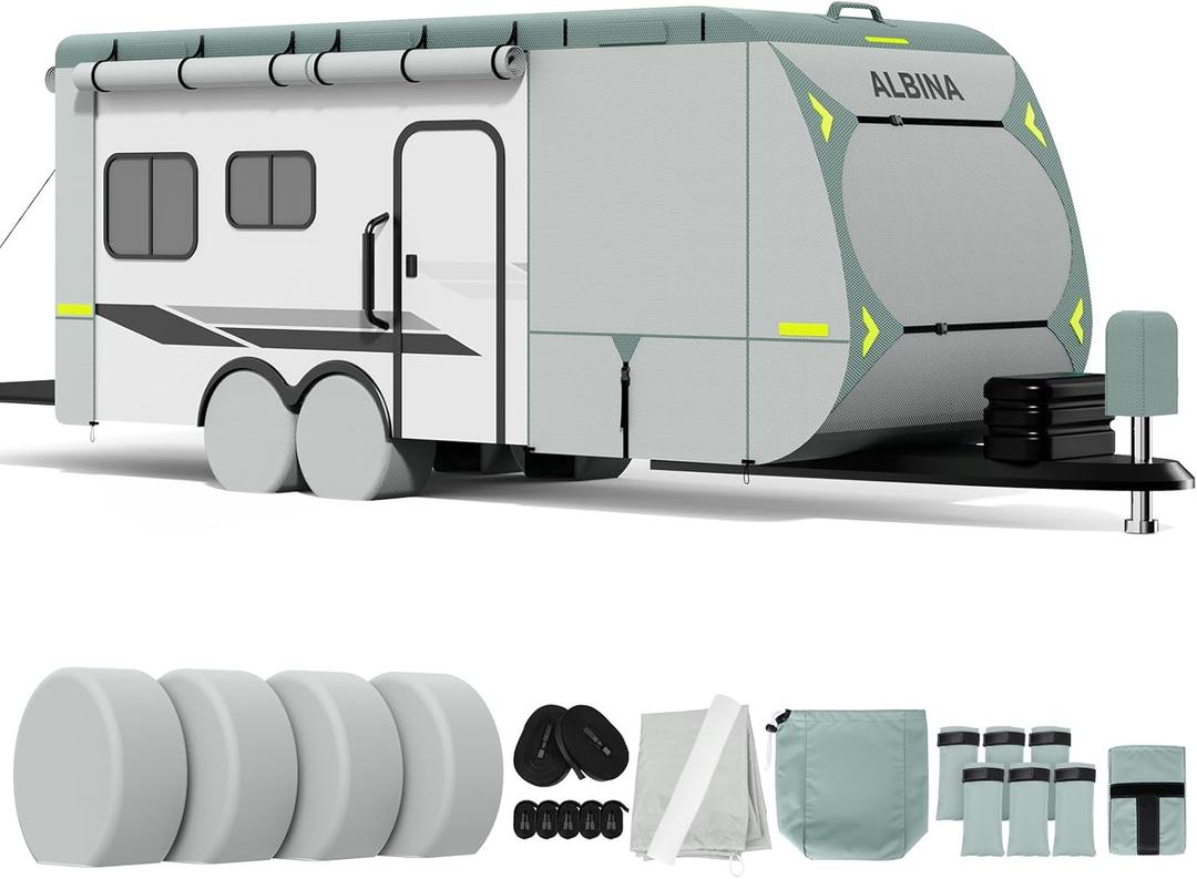ALBINA 300D Oxford Travel Trailer RV Cover, 27-30" Waterproof Tearproof Windproof Camper for Winter Snow With Zipper Door, Jack Cover, 4 Tire Covers and Wind Protector Straps ALBINA 300D Oxford Travel Trailer RV Cover, 27-30" Waterproof Tearproof Windproof Camper for Winter Snow With Zipper Door, Jack Cover, 4 Tire Covers and Wind Protector Straps