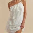 SOLY HUX Women's Mini Dress One Shoulder Ruffle Mesh Dresses Layered Backless Vacation Party Sundresses (Beige, S)