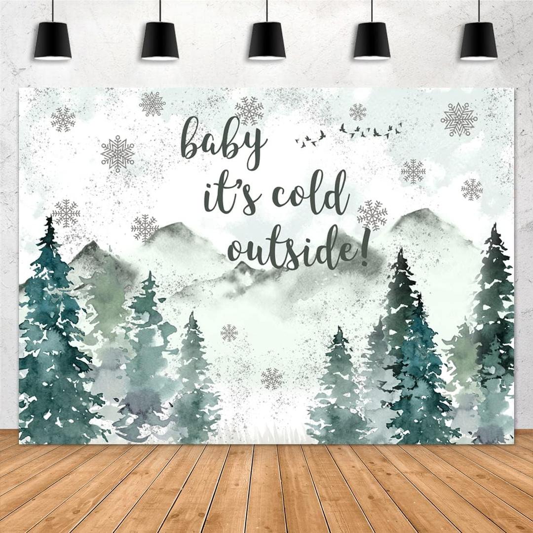 3 x Aperturee Baby It's Cold Outside Backdrop, 7x5ft Winter Wonderland Baby Shower Decorations, Gender Neutral Woodland Snowflake Photography Background, Forest Mountain Party