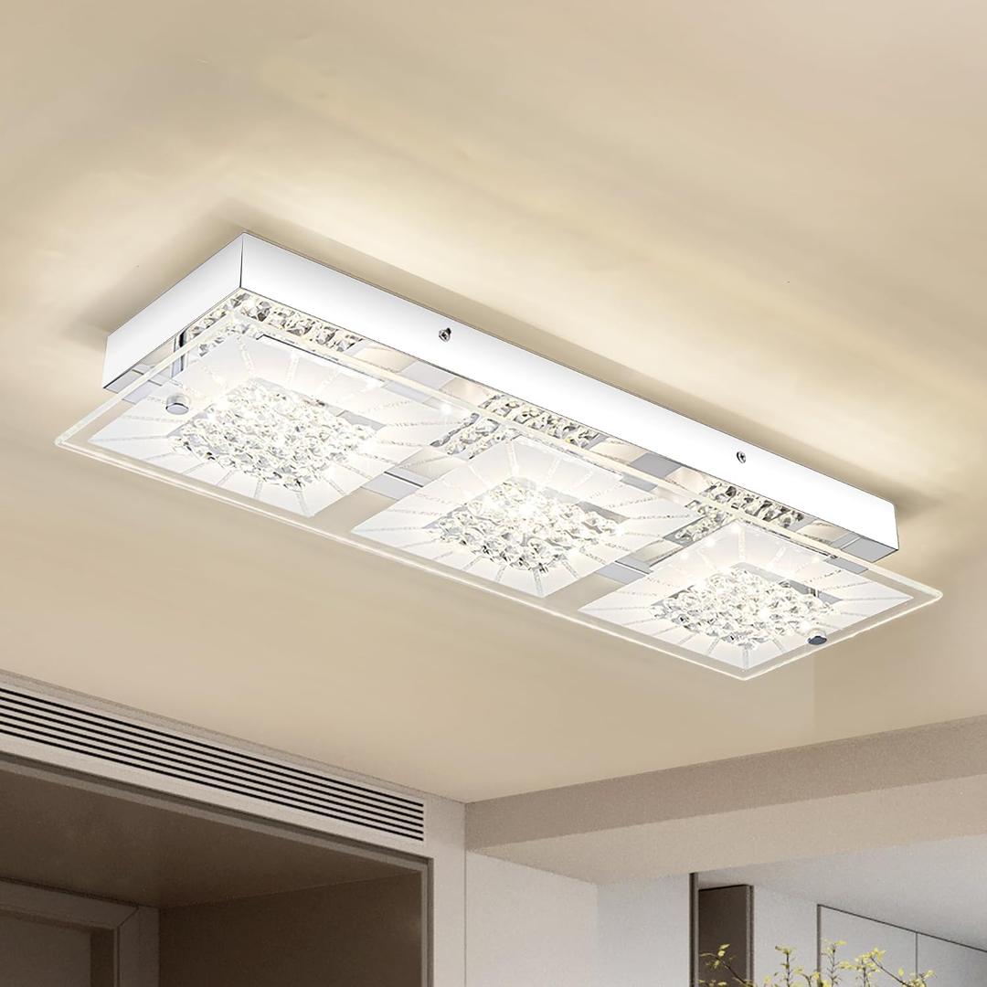 Crystal Ceiling Light Flush Mount Rectangle Ceiling Light Fxiture Modern Hallway Light LED Dimmable 4000K for Kitchen, Bathroom, Bedroom, 18W