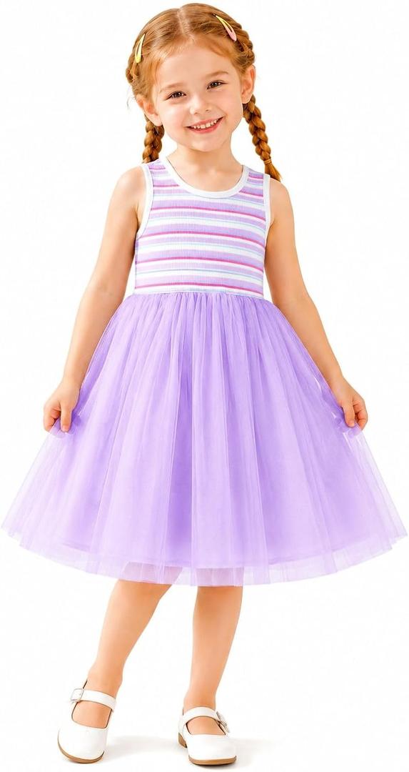 HILEELANG Girls Tulle Dress Lavender Sleeveless Ribbed Stripe Top Spring Summer Toddler Little Girls, 5T