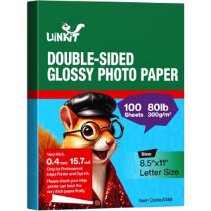 Uinkit 100 Sheets 8.5x11 Letter Size Thick Heavyweight Photo Paper Double Sided Glossy Cardstock 80LB 300Gsm 15.7Mil Brochure, Only for professional Inkjet Printer and Dye Ink (100)