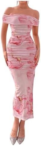 Floerns Women's Floral Print Off Shoulder Short Sleeve Ruched Bodycon Long Dress S Size.