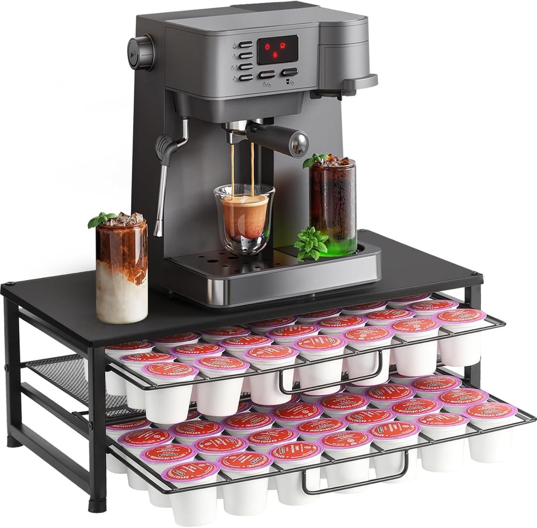 K Cup Holder Organizer for 70 Pods, 2-Tier Coffee Pod Holder for K-Cup with 2 Sliding Storage Drawers, Coffee Station Bar Organizer for Kitchen Countertop, Home & Office, Frosted Black