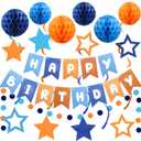 Pre-Strung Happy Birthday Decorations for Boys Men Women, Orange Blue Birthday Banner with Honeycomb Balls, Stars Hanging Swirl Streamers, Circle Dots Garland