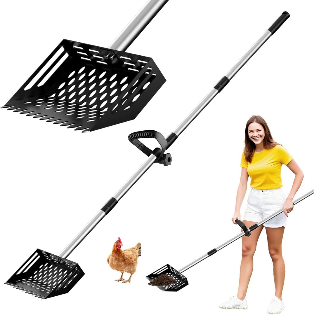 2-in-1 Chicken Poop Scooper & Rake,10" Wide Metal Sand Sifting Shovel with Grip,Chicken Pooper Scooper for Poop Shavings,Litter Scooper for Chicken Coop Accessories,Adjustable Handle (24" to 66")