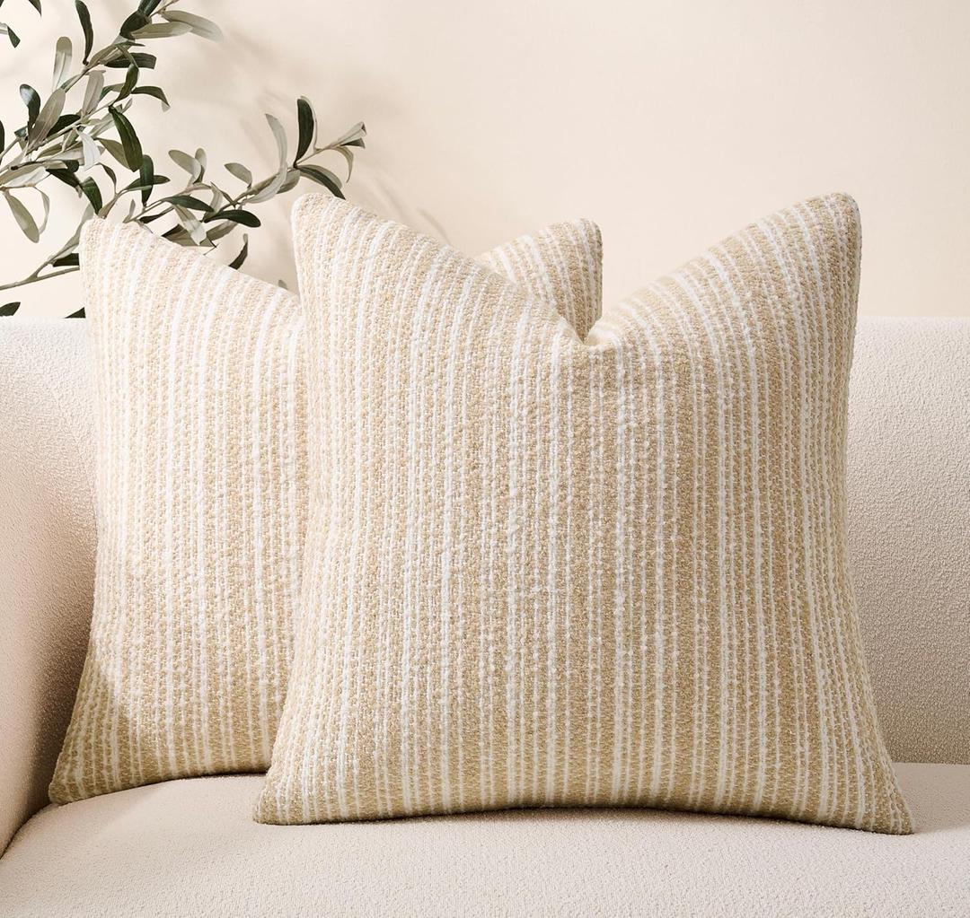 Throw Pillow Covers Set of 2 20x20 Inch Textured Boucle Pillow Covers, Soft Stripe Chenille Decorative Beige Covers for Couch Sofa Bed Living Room, Neutral Farmhouse Covers, Home Boho Decor