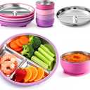 Havawish 8 Pcs Stainless Steel Baby Plate and Bowls with Suction, 8.3" Kid Divided Plate and 4" Toddler Bowl with Removable Silicone, BPA-free Non-slip Baby Feed Set Dishwasher Safe for Boy Girl(Pink)