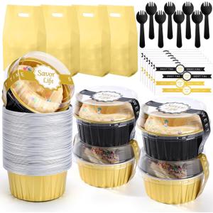 424pcs Black Gold Mini Cake Pans Set with Lids and Spoons Include 5oz Disposable Aluminum Foil Baking Pans, Lids, Spoons, Sealing Stickers and Gift Bags for Cupcake, Pudding, Muffin