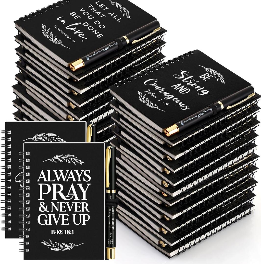 Kosiz 100 Pcs/50 Set Christian Gifts Bulk Include Spiral Notebook and Bible Verse Ballpoint Pen Prayer Scripture Notepad Grandparents Day Journal Gifts for Church Pastor Sunday School Teacher (Black)