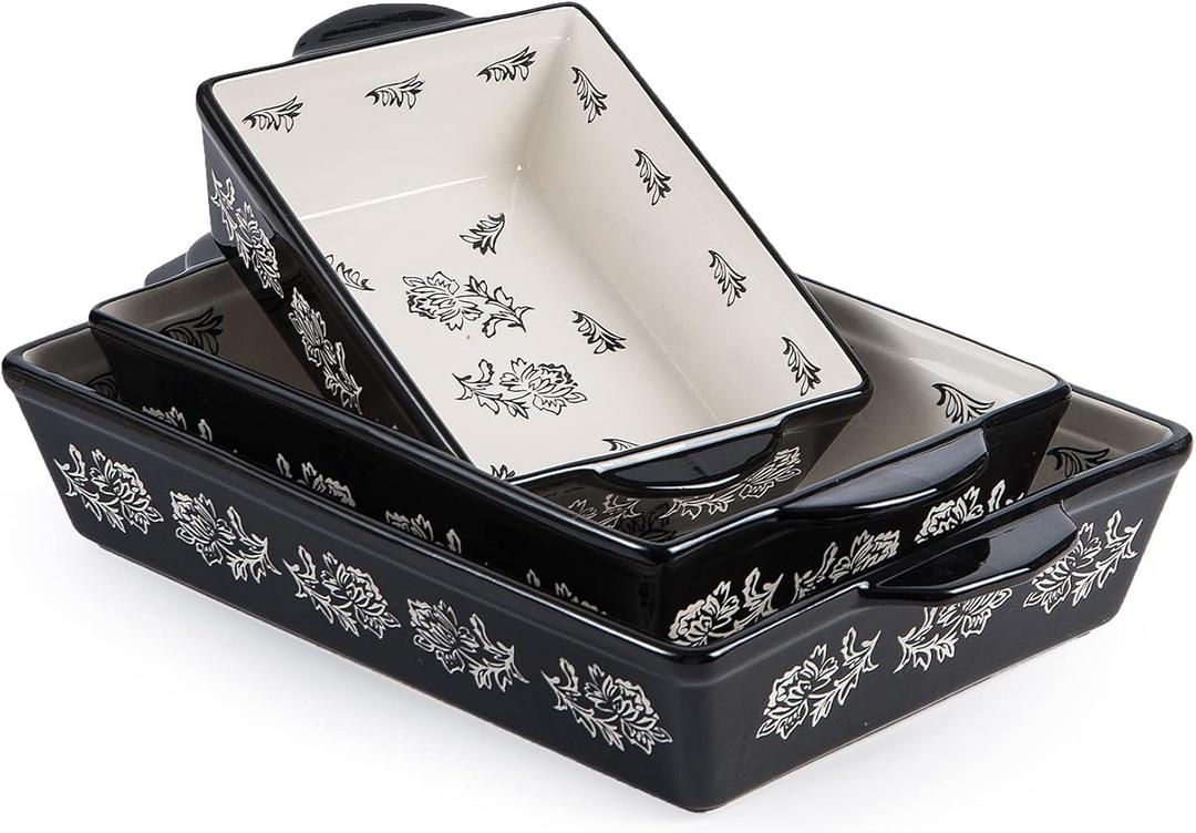 Wisenvoy Baking Dish Ceramic Lasagna Pan Casserole Dish 3-Piece Bakeware Sets Baking Dishes Baking Set Baking Dish Set (Black Flower)