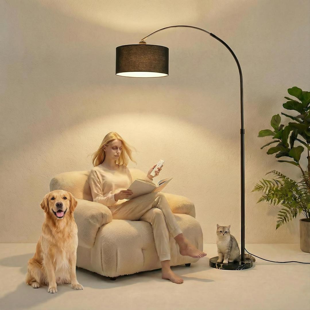 Arc Floor Lamp with Fan Head, Dimmable Floor Lamps with Remote, 3 Color Temperatures Adjustable Standing Lamp, Bright Reading Floor Lamp with Marble Base for Living Room Bedroom (black+black linen)