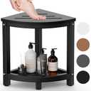 Shower Stool - Corner Bench Seat with HDPE Waterproof Shaving Legs, Baffle Storage Shelf, Indoor/Outdoor Use, Black