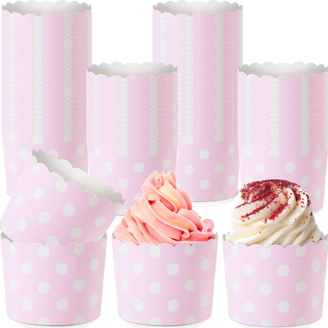 100 Pcs Easter Pink Paper Baking Cups Pink Polka Dots Ice Cream Cups 5oz Dessert Paper Bowls Cupcake Liners Wrappers for Spring Baby Shower Pastel Wedding Mother's Day Birthday Party Favors