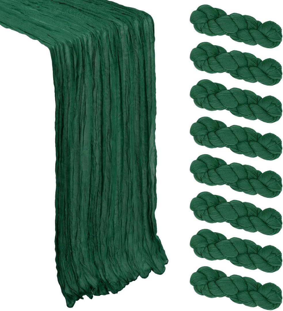 8 Pack Emerald Green Cheesecloth Table Runner 10Ft Gauze Cheese Cloth Table Runner 120 Inch Boho Rustic Fabric for Party Decor Baby Shower Wedding Centerpiece Home Holiday Decorations