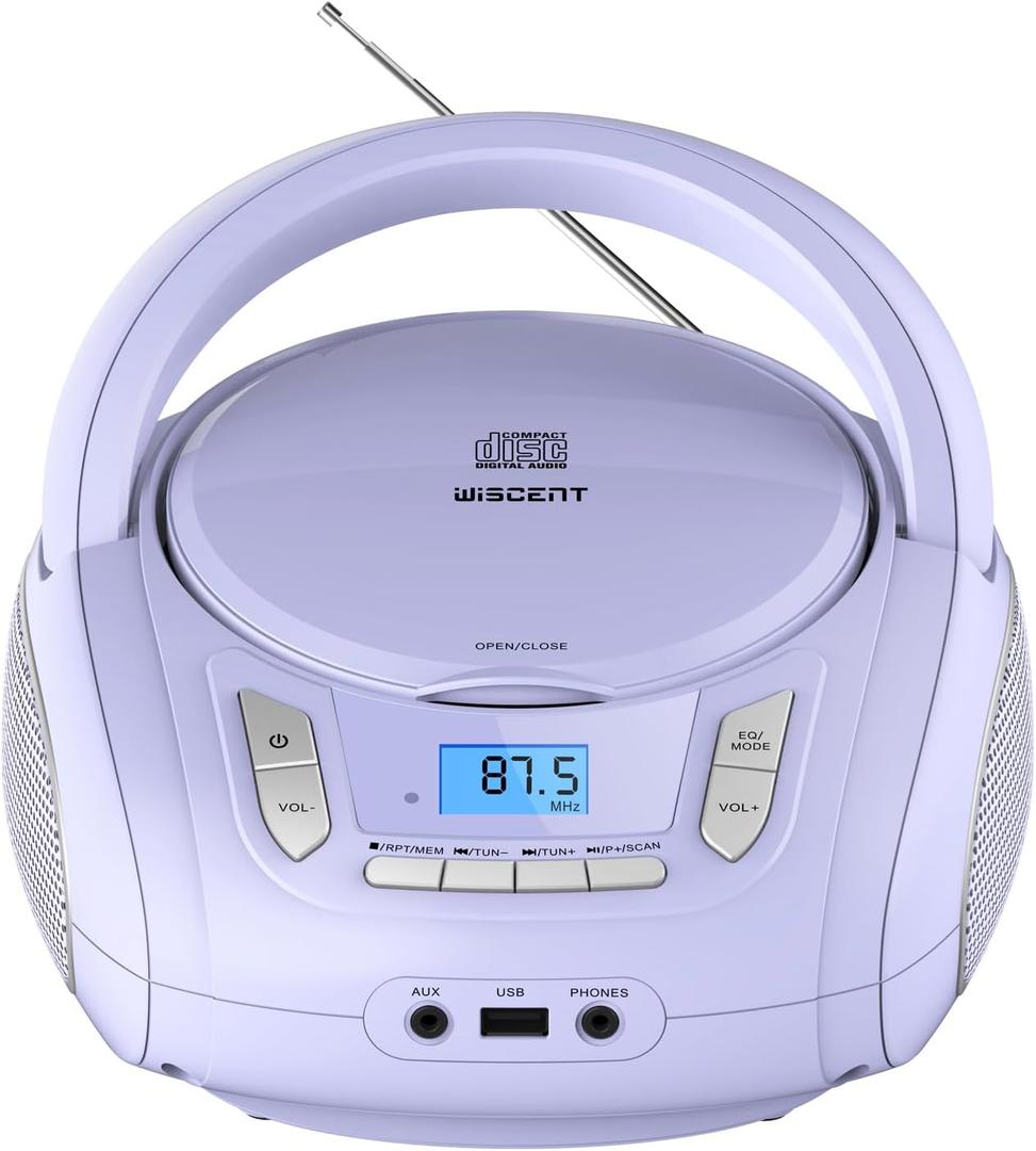 Portable CD Player Boombox with Bluetooth, FM Radio, USB MP3 Playback, AUX-in, Headphone Jack, CD-R/ RW and MP3 CDs Compatible, Kids CD Players for Home or Outdoor