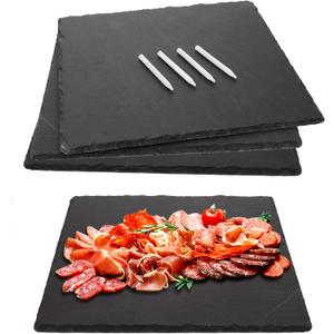 4 Pcs Slate Cheese Boards 11 x 11 Inch Square Charcuterie Boards Natural Slate Stone Plate Tray with Soapstone Chalk, Gourmet Serving Platter for Meats, Fruits, Parties, Appetizers