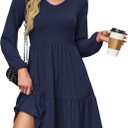 AUSELILY Womens Long Sleeve Dress 2025 Fall Casual V Neck Tiered Swing Flowy A-line Mini Short Dresses with Pockets (XXXL)