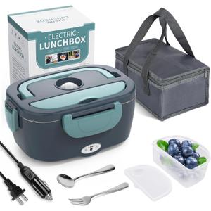 Electric Lunch Box Food Heater, 3 in 1 Ultra Quick Heated Lunch Boxes for Adults, 12V/24V/110V Portable Food Warmer for Car/Truck/Office With Fork Spoon and Insulated Carry Bag (Gray)