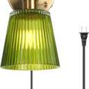 HuisMier Dimmable Plug in Wall Sconces, Vintage Green Stripe Glass Lampshade Wall Lighting Fixture with On/Off Switch, Brass Wall Sconce for Bedroom Bathroom Living Room Hallway, Plug in