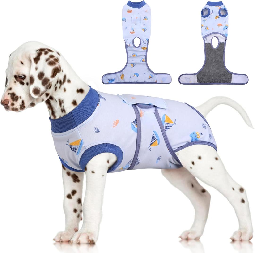 FUAMEY Recovery Suit for Dogs After Surgery,Soft Breathable Dog Bodysuit E-Collar & Cone Alternative Surgical Suit,Male Female Dog Neuter Spay Suits Anti Licking Wounds Onesie Blue Boat S (S(Back:11.4-13.4in,WT:7-15lbs))