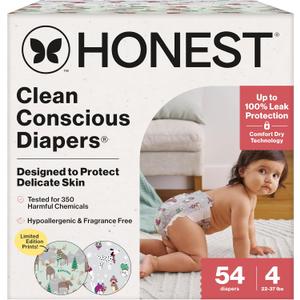 The Honest Company Clean Conscious Diapers for Delicate Skin | Up to 100% Leakproof | Hypoallergenic, Fragrance Free | Winter '25 Limited Edition Prints | Club Box, Size 4 (22-37 lbs), 54 Count (Adorably A-moosing + Winterwear Wags)
