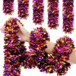 50 FT Halloween Tinsel Garland, Orange Purple Black Glitter Tinsel Garlands, Metallic Holiday Hanging Streamers for Halloween Party Supplies Indoor Outdoor Decoration