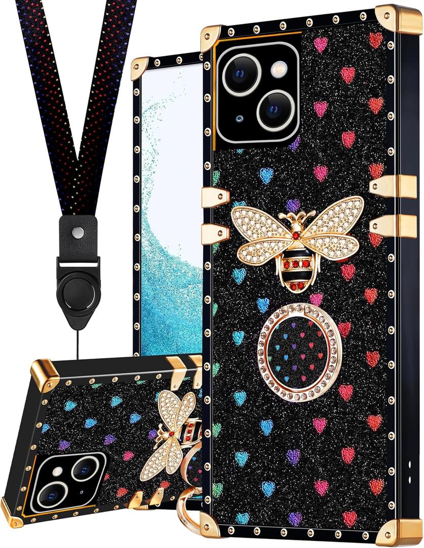 Loheckle for iPhone 14 Plus Case, Designer Retro Luxury Cases for Women with Ring Stand Holder and Lanyard, Stylish Bee Cute Cover for iPhone 14 Plus 6.7 Inch