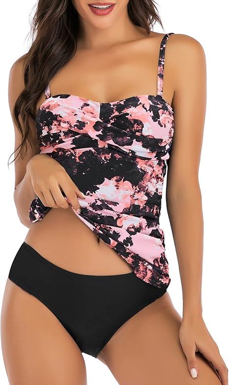 Women's Twist Front Bandeau Tankini Set Two Pieces Ruched Tummy Control Suimsuit with Mid Waist Briefs, Small