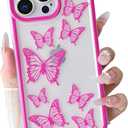 Yeddabox Compatible for iPhone 13 Pro Case Butterfly Cute Phone Case Transparent Full Camera Protection Soft TPU Shockproof Cover for Women Girls - Hot Pink