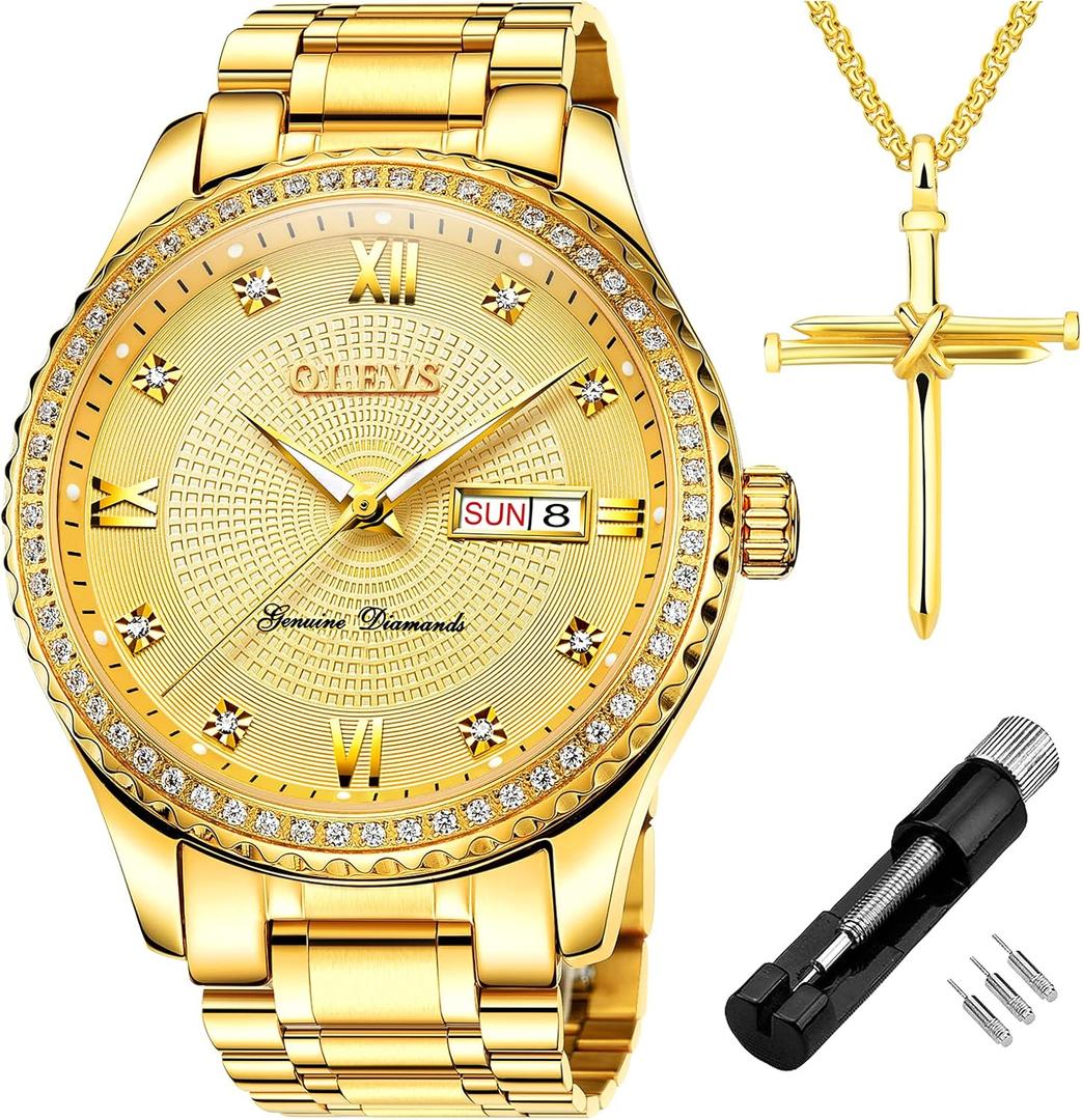 OLEVS Diamond Watches for Men,Business Dress Watch Waterproof Luminous,Male Golden Big Dial Luxury Casual Quartz Analog Watches with Day Date Calendar and Stainless Steel Band