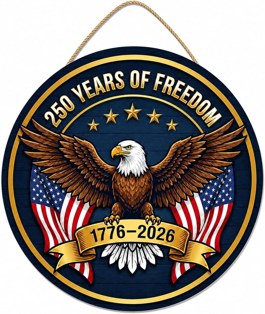 2 x 250th Anniversary Door Sign - 1776-2026 USA Semiquincentennial Patriotic Wreath, 4th of July Wooden Door Hanger, Independence Day Wall Decor for Home Front Porch Outdoor Hanging Ornament - D04