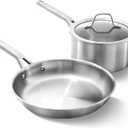 Calphalon Brushed 3-Ply Stainless Steel Cookware Set w/Turbo Heat Tech 3 Piece Includes Fry and Sauce Pan Set, Induction, Oven Safe 450F, Brushed Stainless Silver