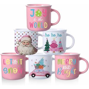 Pickmesh 6 Pcs Christmas Coffee Mug Set 13OZ Xmas Ceramic Mugs with Handle Pink and White Santa Mugs Winter Cocoa Cups Bulk Merry Christmas Gifts Let It Snow Home Holiday Party Decor Supplies