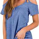 Minclouse Women's Short Sleeves Cold Shoulder Tops V Neck Casual Strappy Shirts (Large, Sky Blue)
