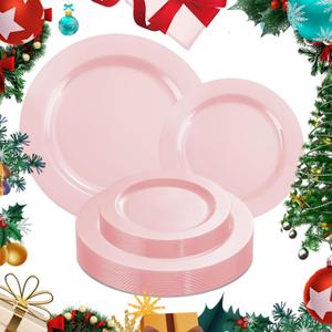 MENDENG 50PCS Pink Plastic Plates for Party Plates Disposable Heavy Duty Platos Desechables Elegantes for Wedding, 25x10.25 Plastic Dinner Plates & 25x7.5 Dessert Plates, Christmas Plates