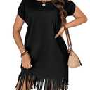 WDIRARA Women's Plus Size Round Neck Short Sleeve Fringe Hem Dress Casual Dresses Black 3XL 