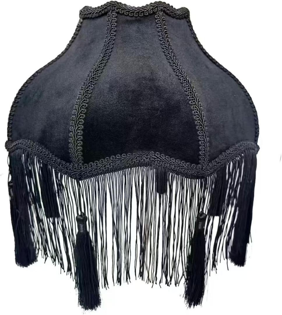 Shade with Tassel and Fringe, Victorian Lamp Shade, Black 5.5" Velvet Top Replacement Lamp Bell Shape Scallop Lampshades (Black) 