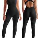 RXRXCOCO Women Backless One Piece Jumpsuits Sleeveless Scoop Neck Bodycon Romper Seamless Workout Yoga Jumpsuits (Small, #005 Black)