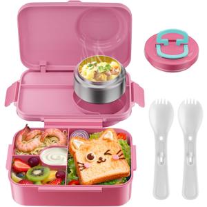 DaCool Upgraded Kids Lunch Box with Thermo for Hot Food 1400ml Child Bento Box for Kids with 5oz Small Thermo for Girls Boys with Fork Spoon Leakproof for Dining Out School Work Picnic, Rose-pink