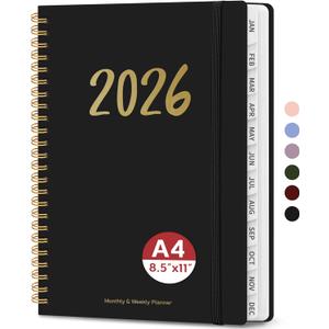2026 Planner - Weekly and Monthly Planner, January 2026 to December 2026, Spiral Bound 2026 Calendar Planner Book, Inner Pocket, Perfect for Office Home School Supplies - A4 (8.5" x 11"), Black