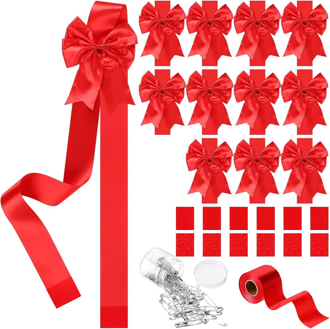 12 Pieces Christmas Cabinet Ribbons Xmas Door Ribbon Cabinet Bows with Large 30m Red Ribbons for DIY Christmas Festive Party Tree Decor Dining Kitchen Supplies,Red(Polyester)