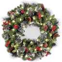 National Tree Company 24 in Pre-Lit Crestwood Spruce Artificial Christmas Wreath, Christmas Decoration with Glitter, Pinecones, Red Berries, 50 Clear LED Lights, 160 Tips, Timer, Green