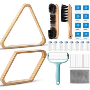 ShinyRelief 22 Set Pool Table Brush Set Wooden Billiard Rack 8 or 9 Ball Triangle Diamond for 2-1/4" Pool Ball with Polish Cloth Sticky Lint Roller Cue Chalk Cube Accessories