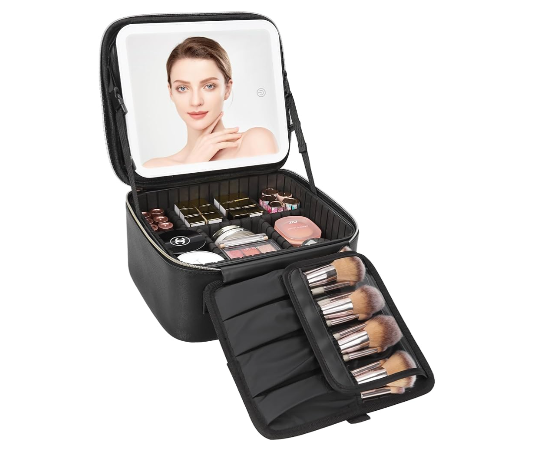 Travel Makeup Bag With LED Mirror, Cosmetic Train Case with Light up Mirror, Portable Makeup Artist Organizer Bag with Adjustable Dividers, Makeup Brush Holder Storage, Black