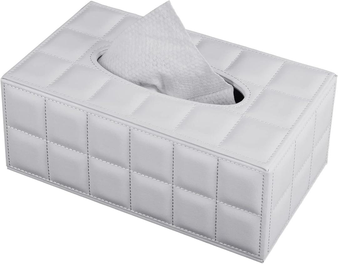 Tissue Box Cover Rectangle Tissue Box Holder PU Leather Facial Organizer with Magnetic Bottom,Decorative Napkin Caddy for Vanity Dresser Night Stand Table Countertop Home Office Car,White