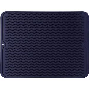 Silicone Dish Drying Mat for Multiple Usage,Easy clean,Eco-friendly,Heat-resistant Silicone Mat for Kitchen Counter or Sink,Refrigerator or drawer liner Navy Blue L 16 inches x 12 inches